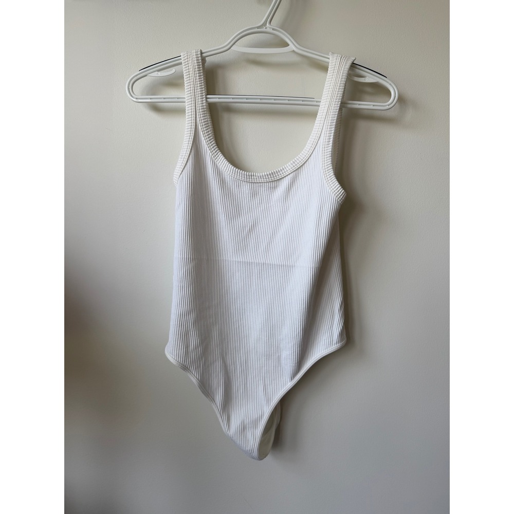 Nikibiki White Ribbed Scoop Neck Tank Bodysuit Sleeveless Stretch Basic
